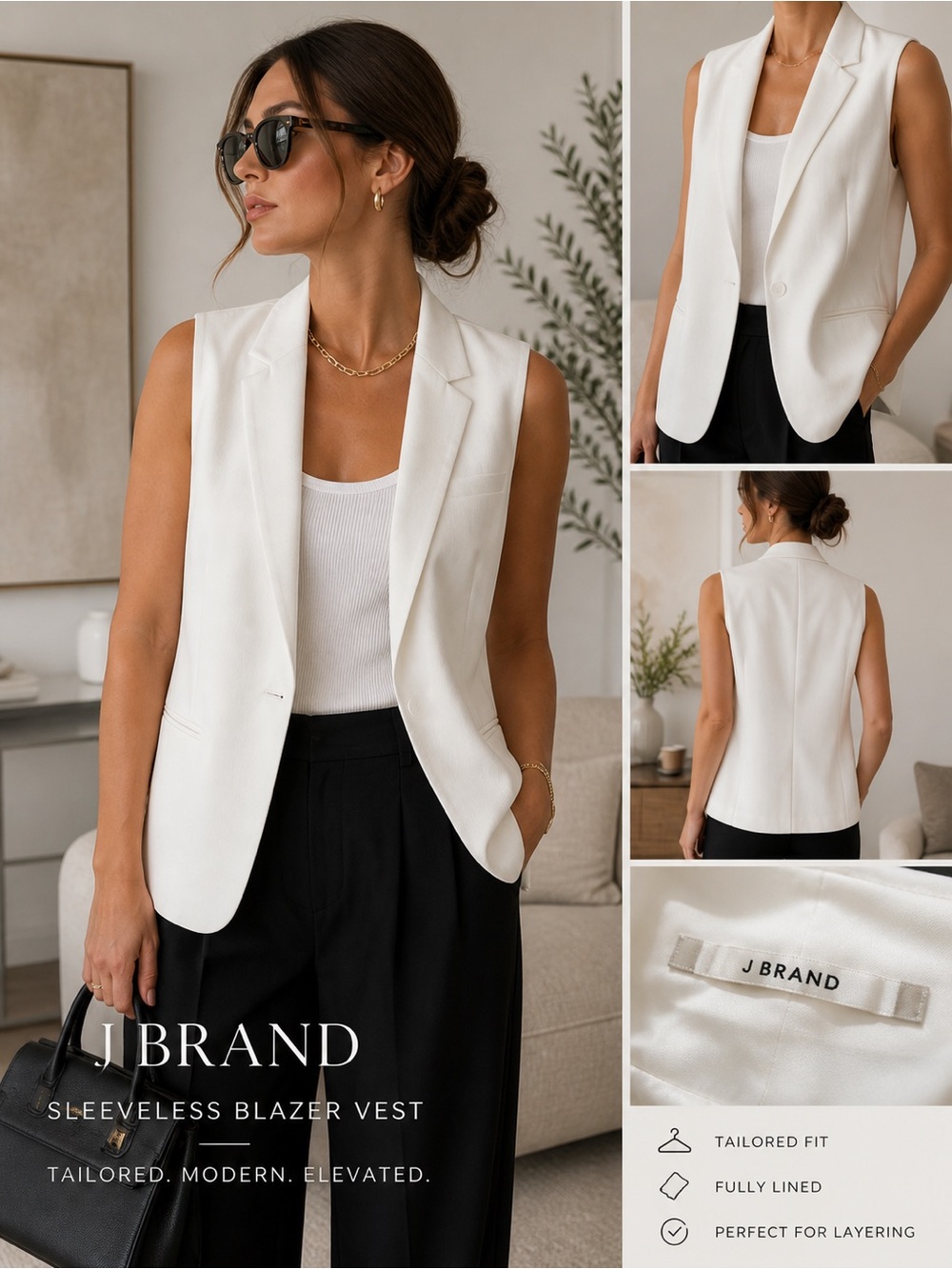 J Brand White Sleeveless Blazer Vest Tailored Minimalist Open Front Jacket